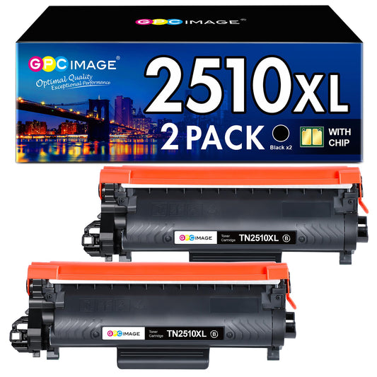 GPC IMAGE TN2510 XL TN-2510XL compatible toner for Brother HL-L2400DW, MFC-L2835DW, HL-L2400DWE, MFC-L2800DW, DCP-L2620DW, MFC-L2860DWE, DCP-L2627DW. Includes chip in 2-pack black.