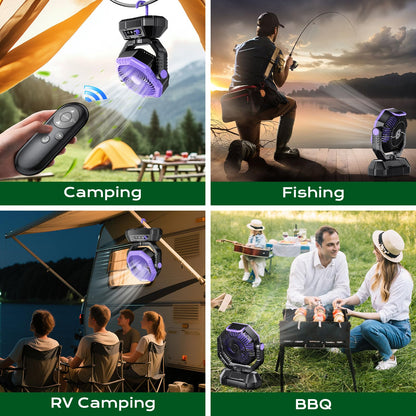 VTHW Camping Fan, 20000mAh Rechargeable Fan with LED Light & Hook, 270° Rotation, Stepless Speed, Timer Mode, USB Desk Fan for Indoor Outdoor (Purple)