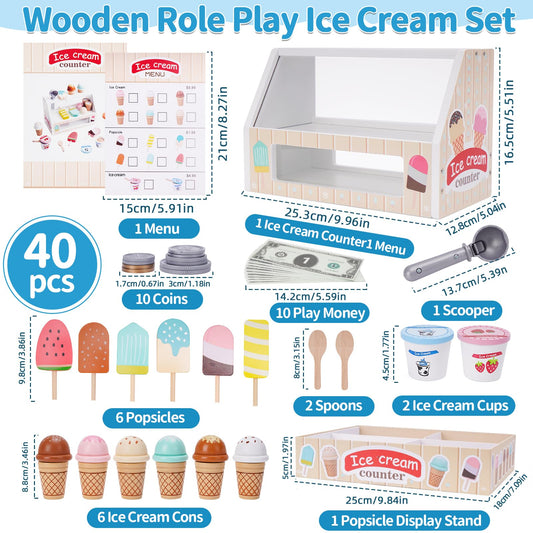 Ice cream parlor kids wooden, kids kitchen accessories for ages 3 and up, wooden toy kitchen accessories, wooden ice cream shop kids grocery store, Montessori toy Christmas kids toys for boys girls.