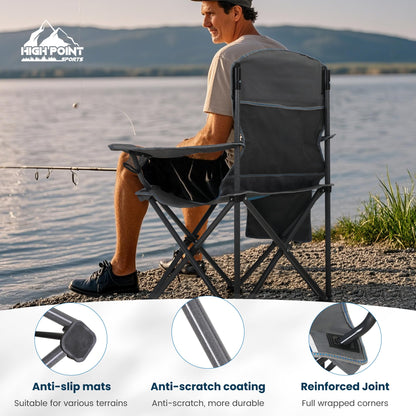 HIGH POINT SPORTS Folding Camping Chair, Fishing Chair, Foldable, Supports up to 160 kg, with Armrest, Drink Holder, Steel Frame, Portable Camp Chair, Blue.