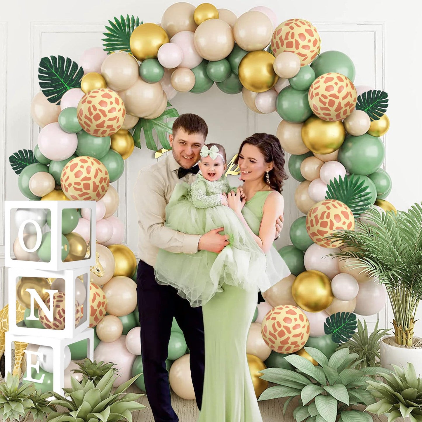 Jungle Safari Decor 1st Birthday Boy Wild One Birthday Decor with Sage Green Balloons Garland Balloon Box Safari Kids Birthday Decor Baby Shower Baptism Tropical Birthday Party Decor