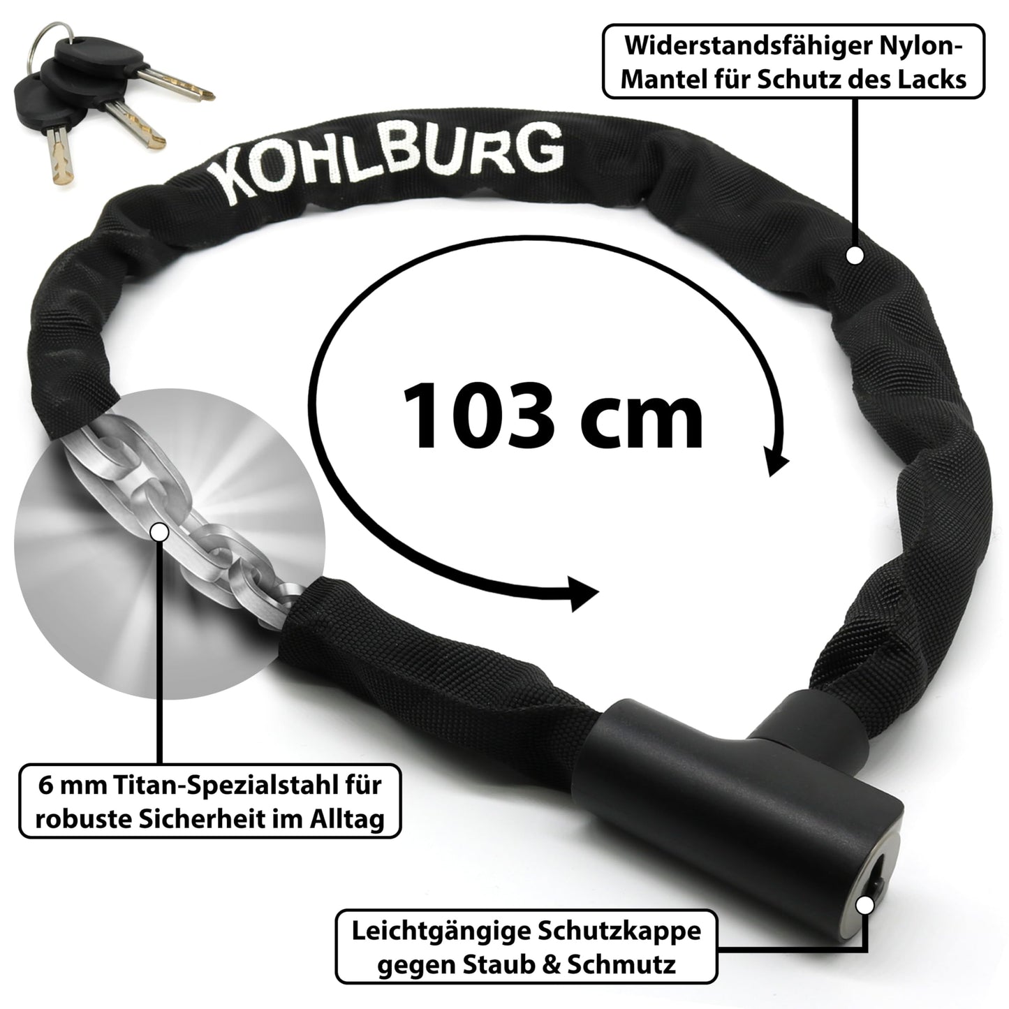 KOHLBURG chain lock bike [103cm long, 6mm thick titanium steel chain] - clickable bike lock with key [3x] also usable as e scooter lock & e bike lock - high security bike lock