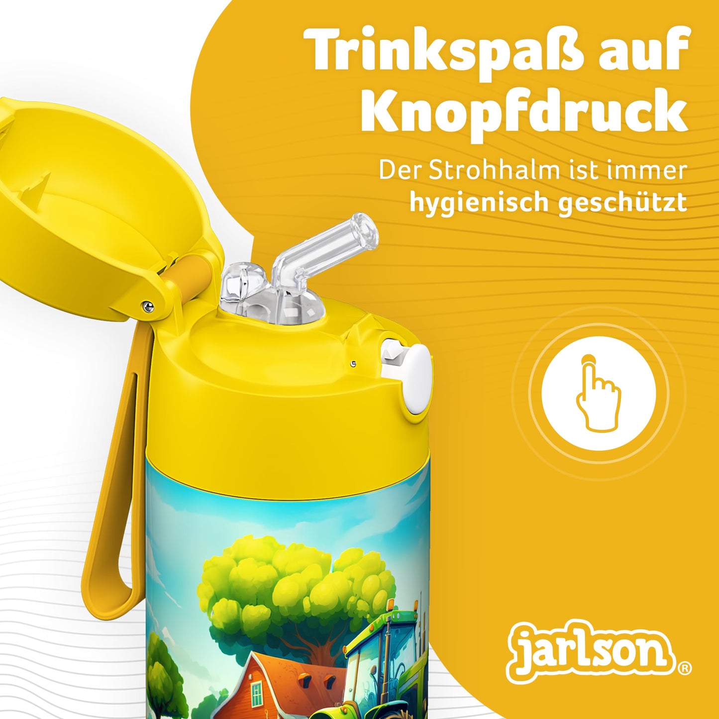Jarlson® Stainless Steel Kids Water Bottle CHARLI with Straw - Thermos Bottle 350ml - TUV certified - BPA free - Leakproof - Thermal Water Bottle for School, Kindergarten - Tractor design, 350 ml