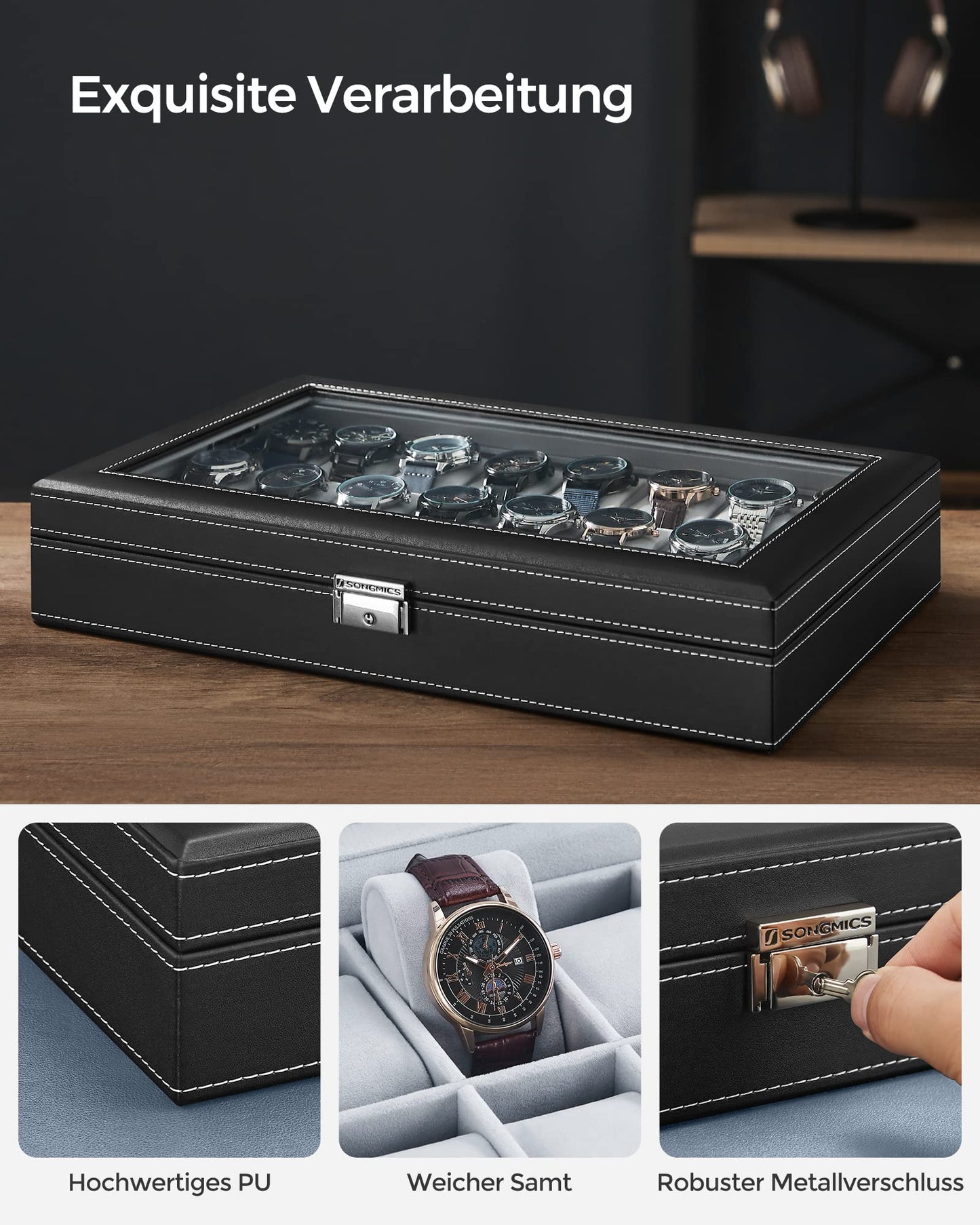 SONGMICS Watch Box, lockable watch case, storage organizer for watches, with 24 compartments, glass lid, gift for loved ones, black JWB024