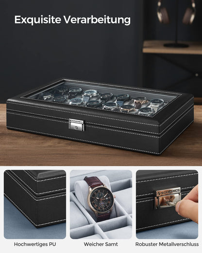 SONGMICS Watch Box, lockable watch case, storage organizer for watches, with 24 compartments, glass lid, gift for loved ones, black JWB024