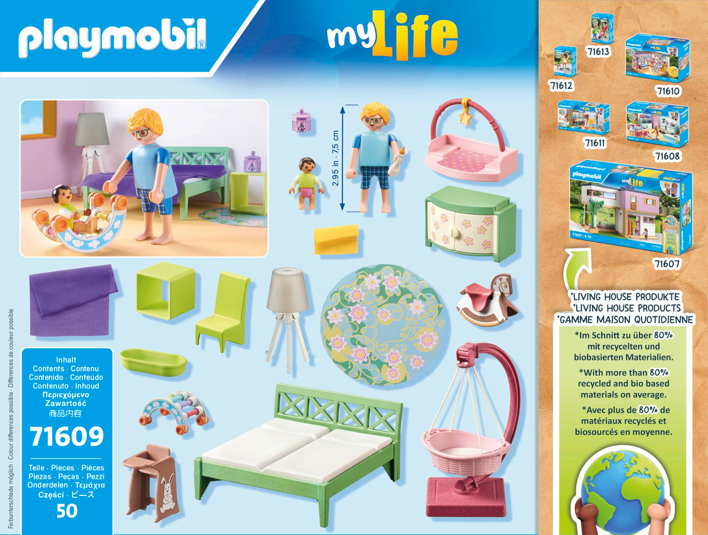 PLAYMOBIL MyLife 71609 Bedroom with Baby Play Area, and Two Figures, made from over 80% recycled and bio-based materials, detailed toy for children ages 4 and up.