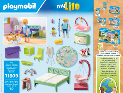 PLAYMOBIL MyLife 71609 Bedroom with Baby Play Area, and Two Figures, made from over 80% recycled and bio-based materials, detailed toy for children ages 4 and up.