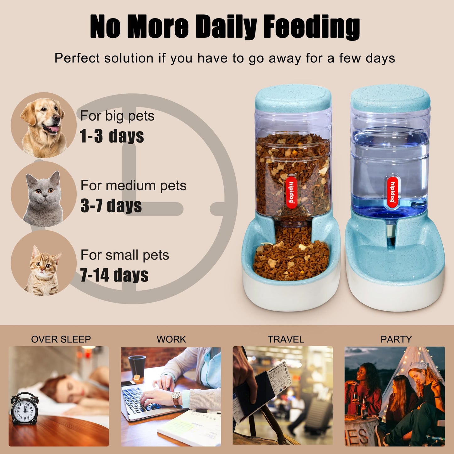Automatic feeder for small and medium-sized pets, 3.8L, travel feeder and water dispenser for dogs, cats, pets (Blue)
