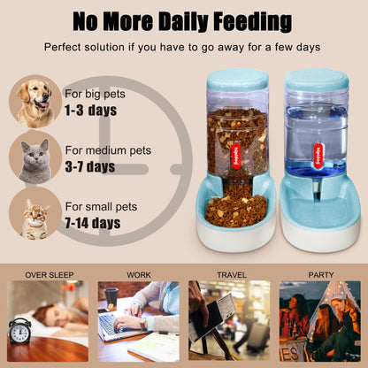 Automatic feeder for small and medium-sized pets, 3.8L, travel feeder and water dispenser for dogs, cats, pets (Blue)