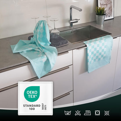 ZOLLNER 6 piece set of cotton kitchen towels, 65x65 cm - highly absorbent and durable - washable up to 60°C - mint checkered pattern - gastronomy quality - Oeko Tex® certified