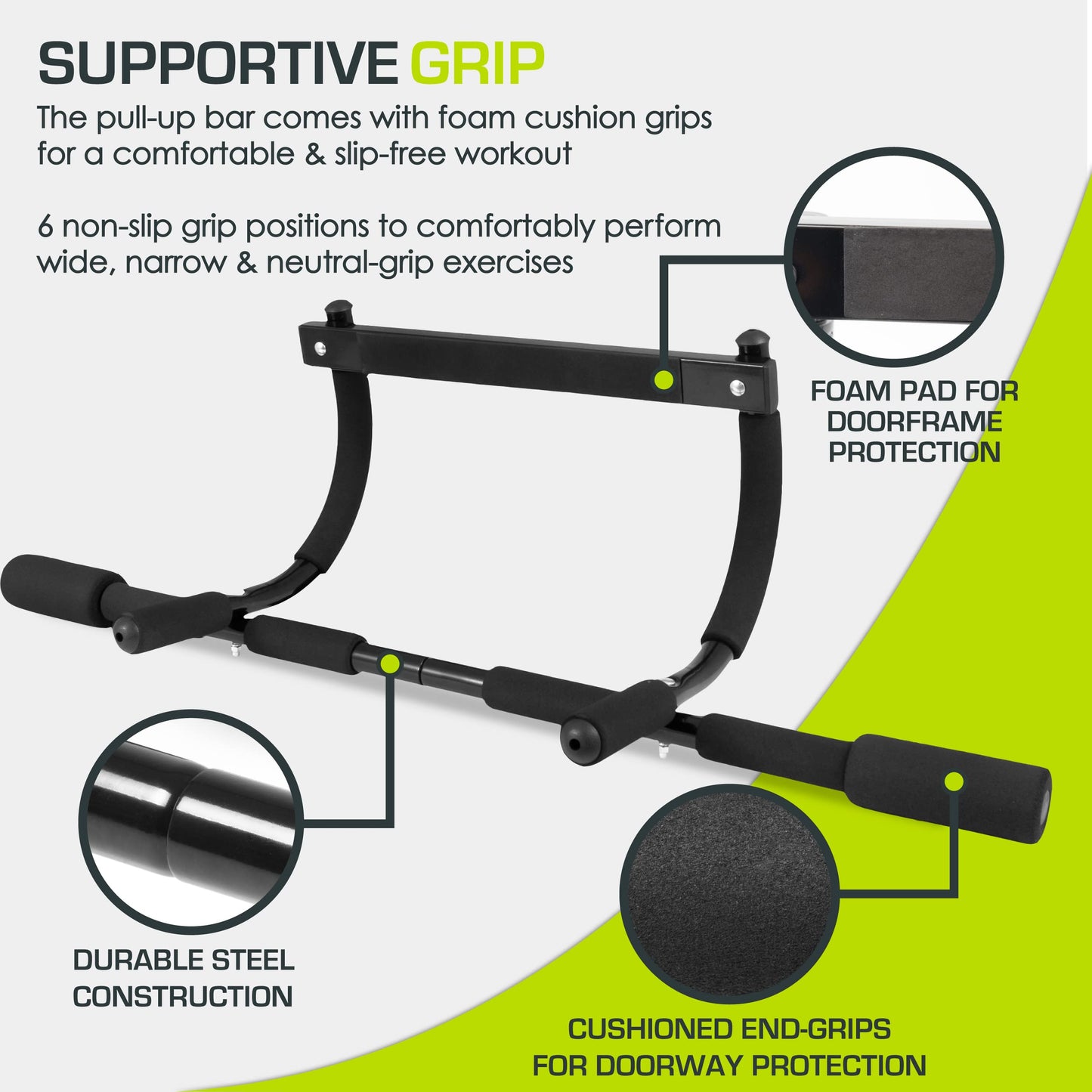 ProsourceFit Multi-Grip Lite Pull Up/Chin Up Bar, a sturdy doorway bar for upper body workouts at home gyms. Adjustable length from 24”-32”.