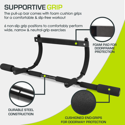 ProsourceFit Multi-Grip Lite Pull Up/Chin Up Bar, a sturdy doorway bar for upper body workouts at home gyms. Adjustable length from 24”-32”.