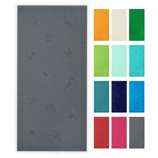 ZOLLNER beach towel – skin-friendly and absorbent, size 39x79 in, washable up to 140°F, gray cotton with woven sea animal designs, Oeko Tex® certified.