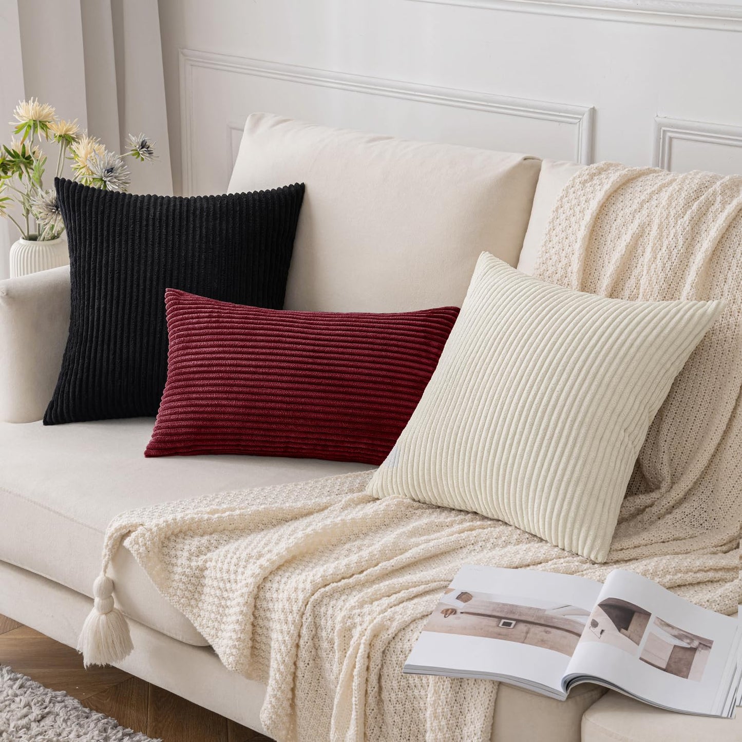 Slozzi 2-piece set corduroy pillowcase wine red 50x50 cushion covers pillow cover decorative pillowcase couch cushion soft for sofa bedroom living room balcony