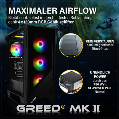 Greed® MK2 - High End Gaming PC - AMD Ryzen 7 5700X & Nvidia Geforce RTX 5060 - Ultra Fast RGB Computer + 4K Raytracing System with 4.6 GHz - 32 GB DDR4 RAM - 1TB SSD - WiFi + W11 Pro