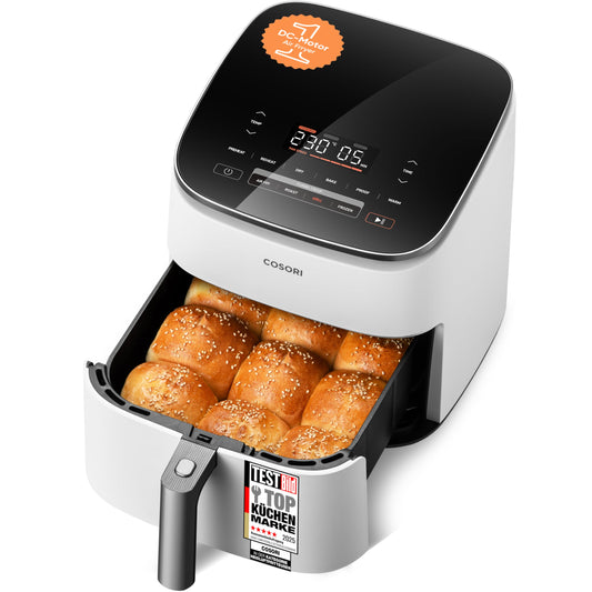 Cosori Turboblaze Hot Air Fryer Airfryer, 9-in-1 Air Fryer XXL 6L, quiet DC motor with 5 speed settings, grilling, baking, fermenting, dehydrating, 87 recipes, 64% energy saving, White