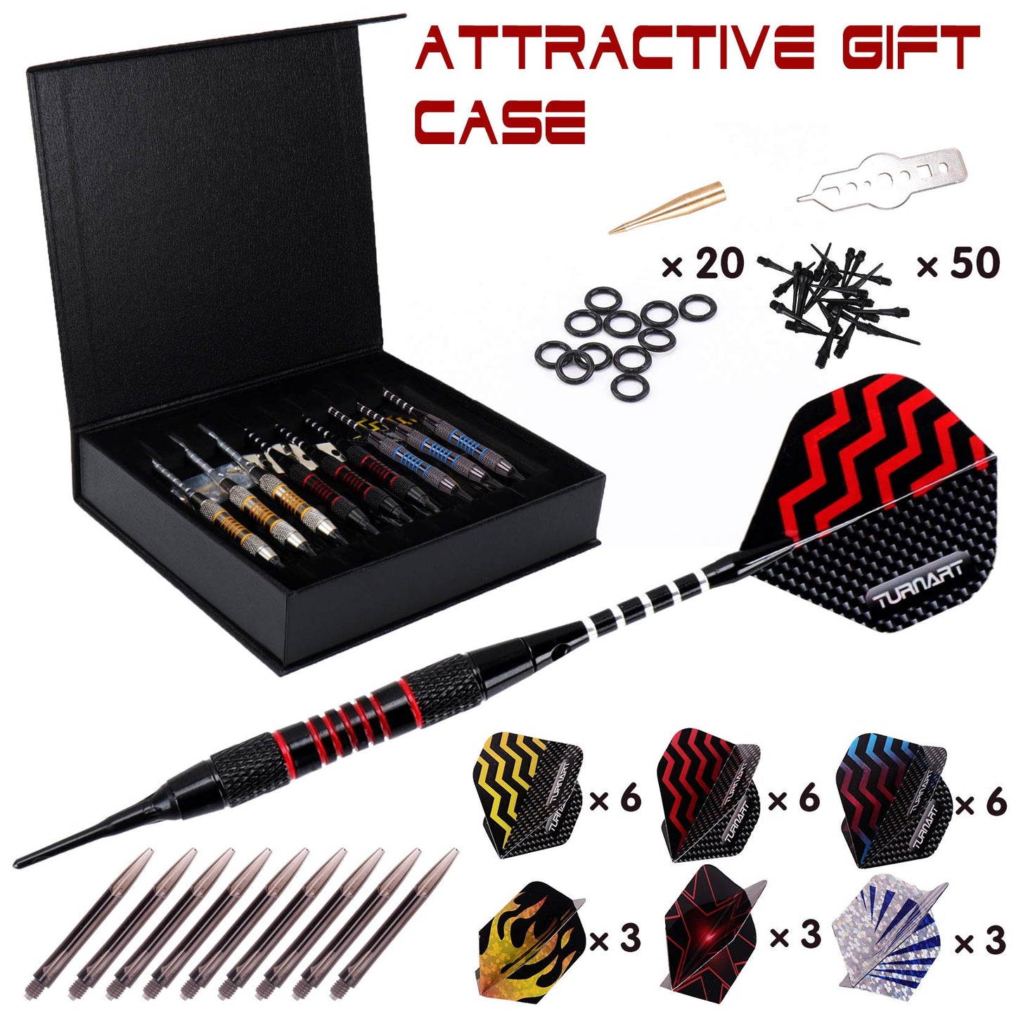 Soft tip darts set of 9 pieces weighing 18 grams, includes 50 extra dart tips, 20 rubber o-rings, 27 flights, and a 9 piece tool kit for electronic dartboards (tungsten).