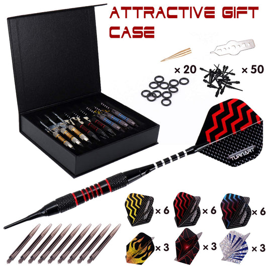 Soft tip darts set of 9 pieces weighing 18 grams, includes 50 extra dart tips, 20 rubber o-rings, 27 flights, and a 9 piece tool kit for electronic dartboards (tungsten).