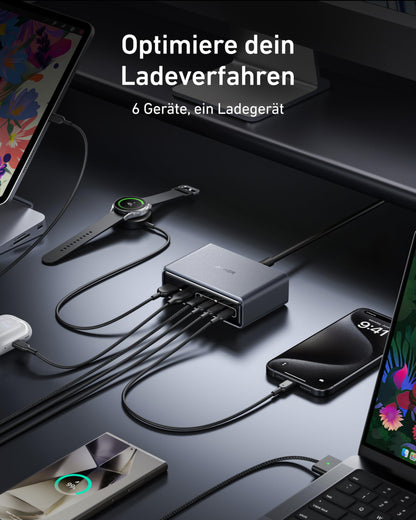Anchor Prime Charger, 200W 6 Port GaN Charging Station, USB-C PD Desktop Charger with Fast Charging, compatible with iPhone 17/16/15 Series, Samsung, MacBook, Dell, and more.