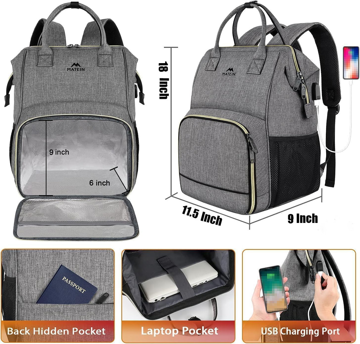 MATEIN Laptop Lunch Backpack, 17 Inch Picnic Backpack for Men and Women with Insulated Cooler Compartment, Waterproof Lunch Cooler Bag with USB Charging Port for Men Business Work Picnic, Gray