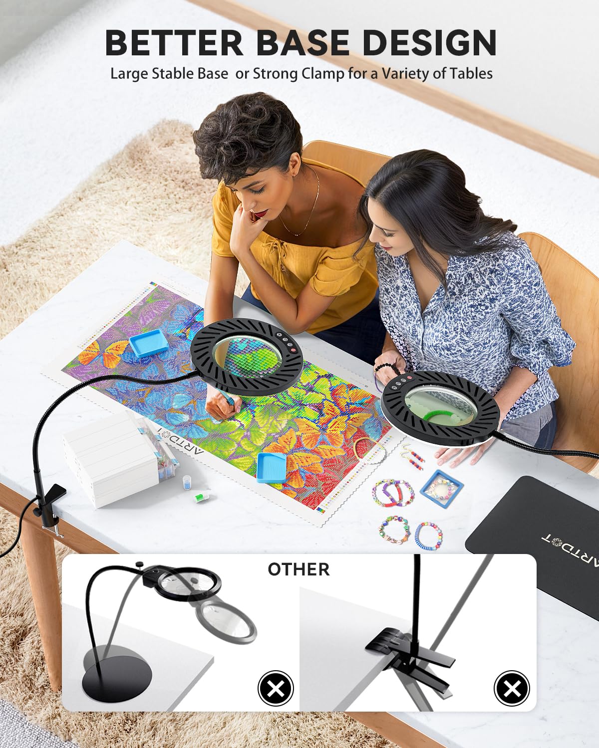 ARTDOT 10X magnifying glass with light and stand, magnifier lamp with 144 LEDs, 5 adjustable colors and 10 brightness levels, for Diamond Painting, reading, crafting, jewelry making, model building.