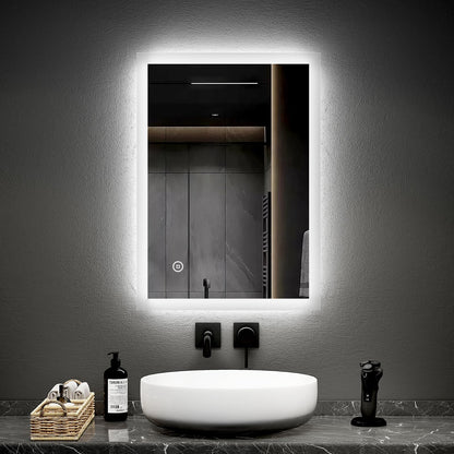 EMKE 50x70cm LED bathroom mirror with lighting, touch switch, and anti-fog feature. 6500K cool white light. Energy-efficient wall mirror for bathrooms.