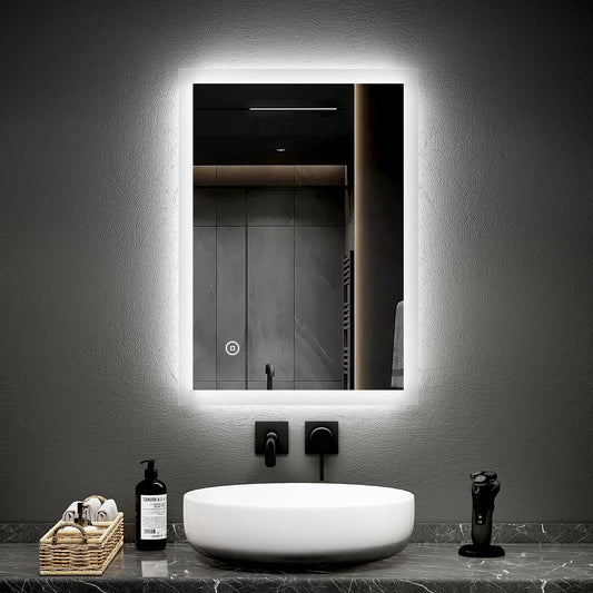 EMKE 50x70cm LED bathroom mirror with lighting, touch switch, and anti-fog feature. 6500K cool white light. Energy-efficient wall mirror for bathrooms.