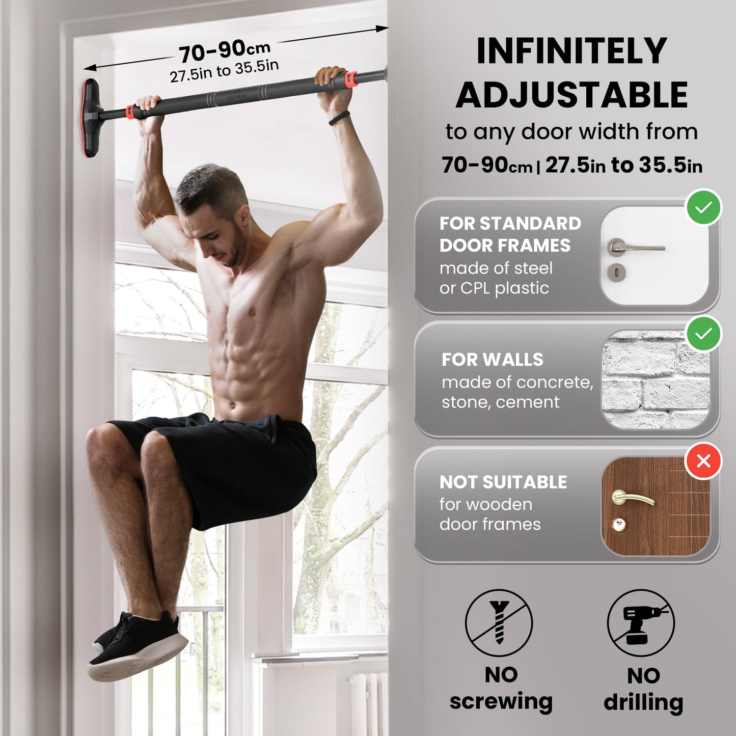 BeMaxx pull-up bar for door frame without screws/drilling + training eBook. Professional door pull-up dip bar with padded handles. Hang in door at home for fitness workout.