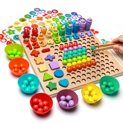 YLSCI Wooden Montessori Toy, Montessori Board Game, Fishing Game Wooden Clip Beads Board Game for Children from 3 years old, Large