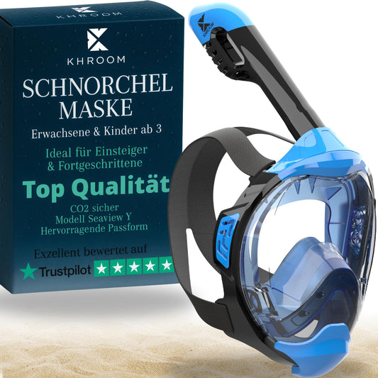 Khroom Snorkel Mask Adult & Kids 3+ | CO2 safe | Full Face Mask with Easy-Breath System | Snorkel Set Alternative | Seaview Y Dive Mask Adult/Kids (S/M Blue)