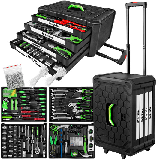 tectake® Tool Set in Aluminum Case, Tool Box filled 899 pcs., Tool Cart on wheels, Trolley with 4 drawers, Telescopic handle, Large Tool Box for professionals and household - black