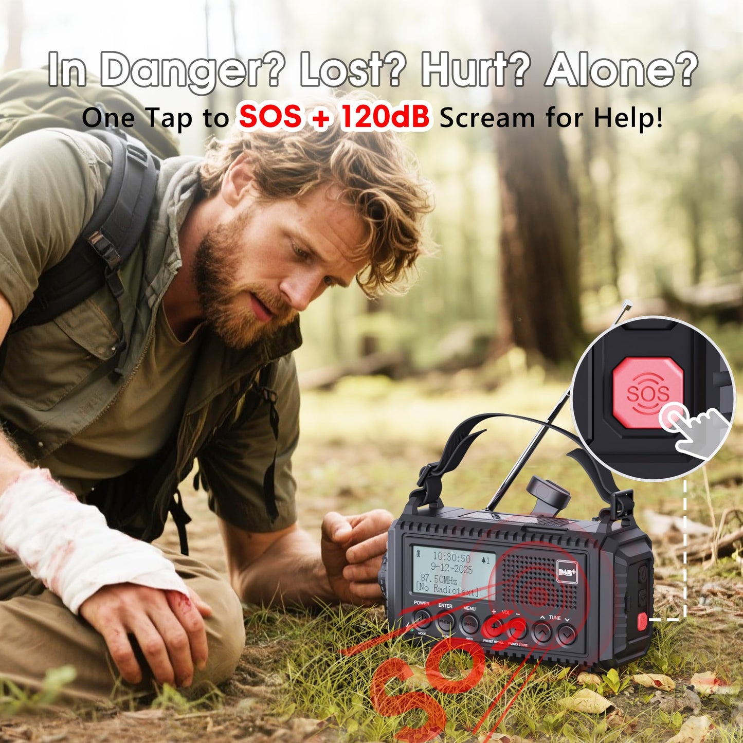 DAB/DAB+/FM digital radio with built-in 5000mAh battery. Solar radio emergency radio with USB mobile phone charging function. Camping radio with LED flashlight, reading light, SOS alarm. Portable crank radio for outdoor use.