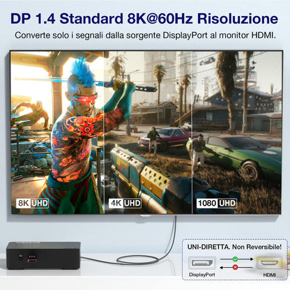 8K@60Hz DisplayPort to HDMI cable, 3M, DP 1.4a to HDMI 2.1 video cable, supports 8K, 4K@120Hz/144Hz, 2K@240Hz, HDR, Dolby Vision, HDCP 2.3, DSC 1.2a for PC, HP, ASUS, DELL, AMD, NVIDIA.