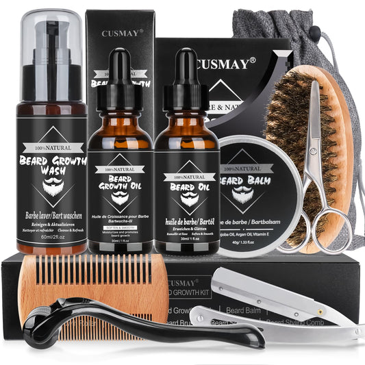 Upgraded beard care set for men, 11 in 1 beard growth kit includes beard shampoo, beard oil, beard balm, beard comb, beard scissors, etc. Gift set for men for Christmas, Valentine's Day, Father's Day.