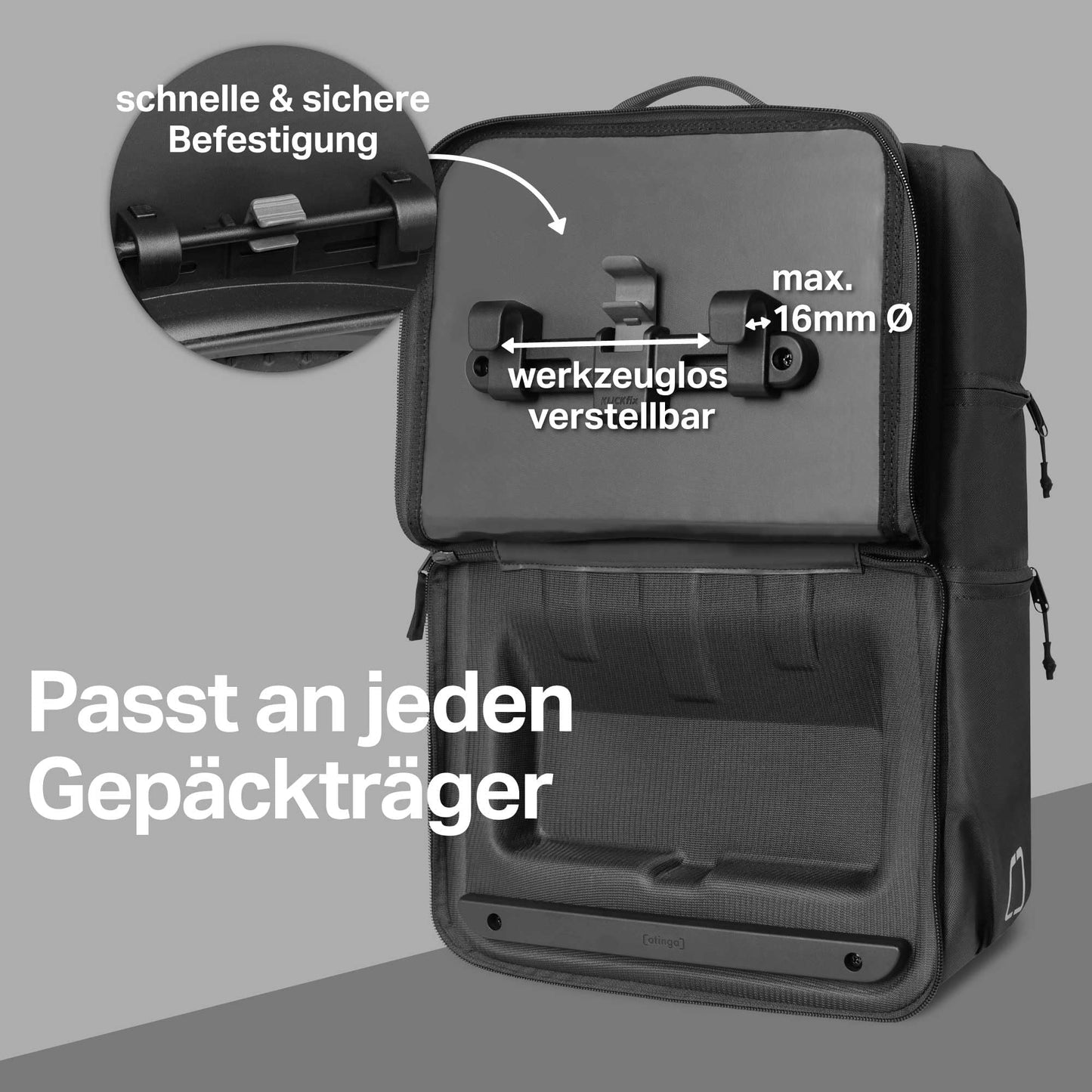 otinga® Flip V2 bike bag backpack [34L volume] for any luggage rack I Stylish luggage rack bag with backpack - converted in 7 seconds I Waterproof bike backpack luggage rack