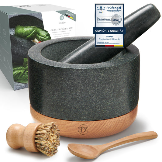 Diemker Premium Granite Mortar and Pestle Set, Ø 14 cm, removable wooden base, wooden spoon, and cleaning brush included. Perfect for grinding spices, nuts, making pesto, and as a grilling accessory.