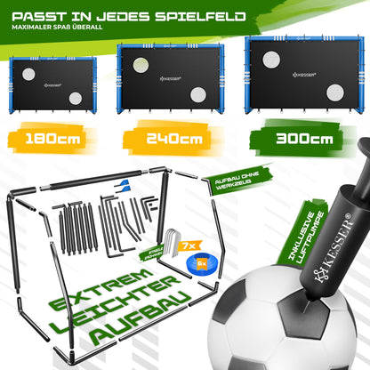 KESSER® Soccer Goal - High-quality soccer goal 240cm with target wall, shooting training UV-resistant net, steel frame with padding, ground stakes, air pump, cones, assembly accessories for kids and adults.