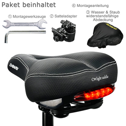 DAWAY C99 Bike Saddle for Women & Men - Comfortable, wide MTB saddle made of high-quality leather with integrated taillight, dual suspension and soft memory foam, compatible with most bikes.