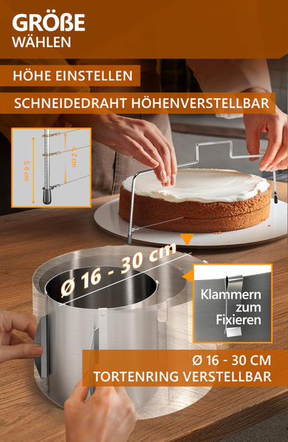 4smile Cake Accessory Set 2 pieces - adjustable cake ring height 8.5 cm + cake cutter - stainless steel baking accessory, functional baking set for baking and cake preparation.