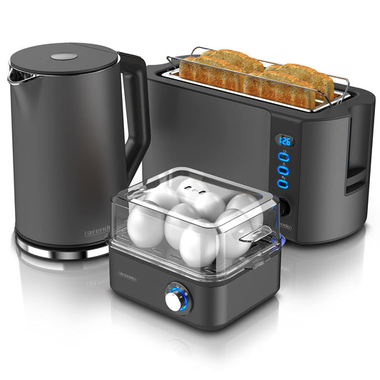 Arendo - Kettle with Toaster SET and Egg Cooker, Stainless Steel Cool Grey, Kettle 1.5L 40° - 100°C, Toaster 4 slices LED display 6 browning levels Egg cooker 1-8 eggs Measuring cup