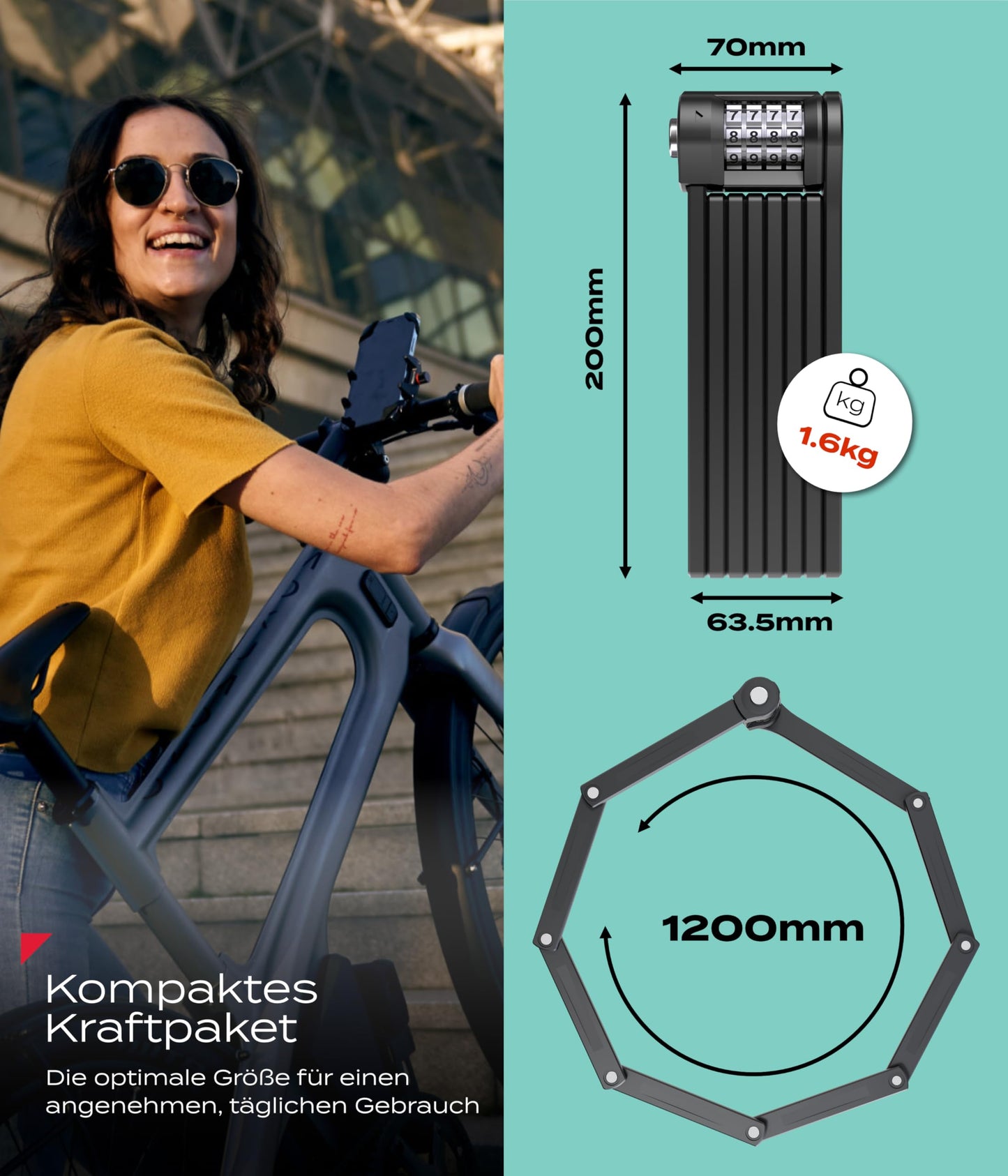 Impact PortaLock 15 - folding lock bike combination lock - security level 15 bike combination lock - 110cm with holder - bike lock folding lock