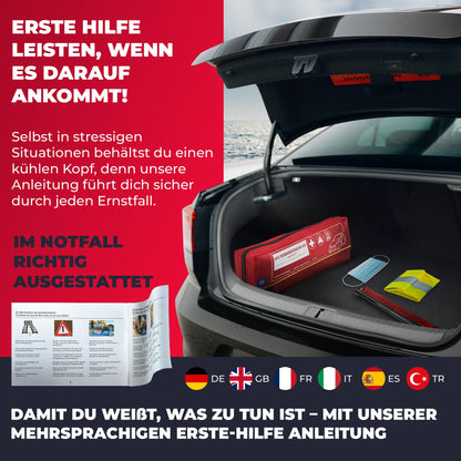 Automotive first aid kit including warning triangle & high-visibility vest until 2029 [EU-compliant] according to DIN 13164:2022. First aid kit, emergency set for car, camper, and home. 100% reliable. Smart Planet.