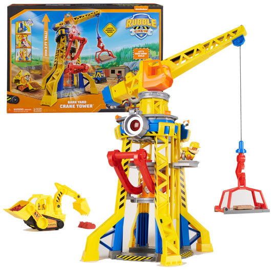 Rubble & Crew - Construction Paws Courtyard Crane Playset (68 cm) with Rubble action figure, bulldozer construction vehicle, and 340 g Kinetic Sand Build-it Sand. Suitable for children aged 3 years and older.