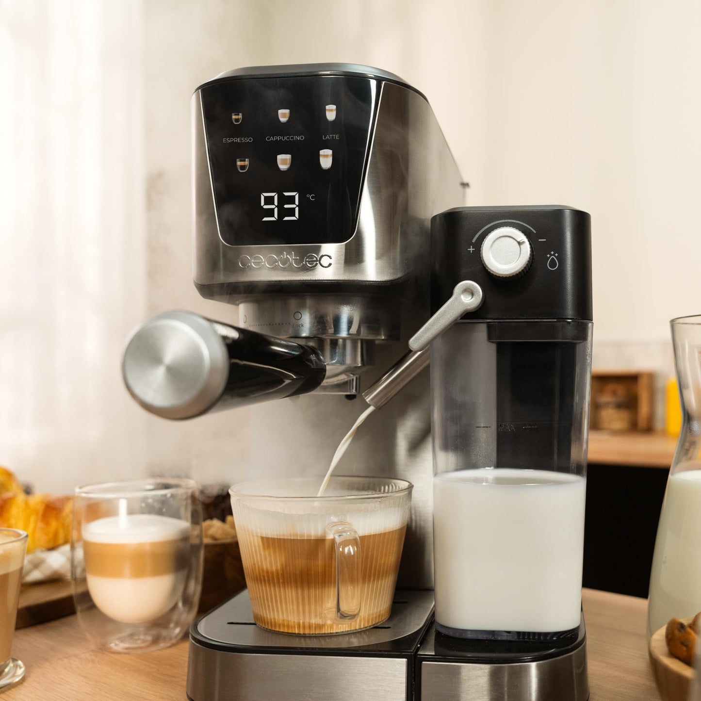 Cecotec Semi-Automatic Coffee Machine Power Espresso 20 Cream: 20 Bar, thermoblock heating system, for ground coffee, espresso, cappuccino, latte, touchscreen, 700ml milk container, 1L water tank.