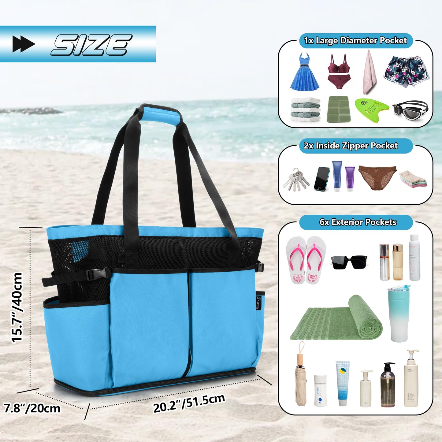 Fasrom Extra Large Mesh Beach Bag, Oversized Beach Tote for Beach Trip (Patent Pending), Blue