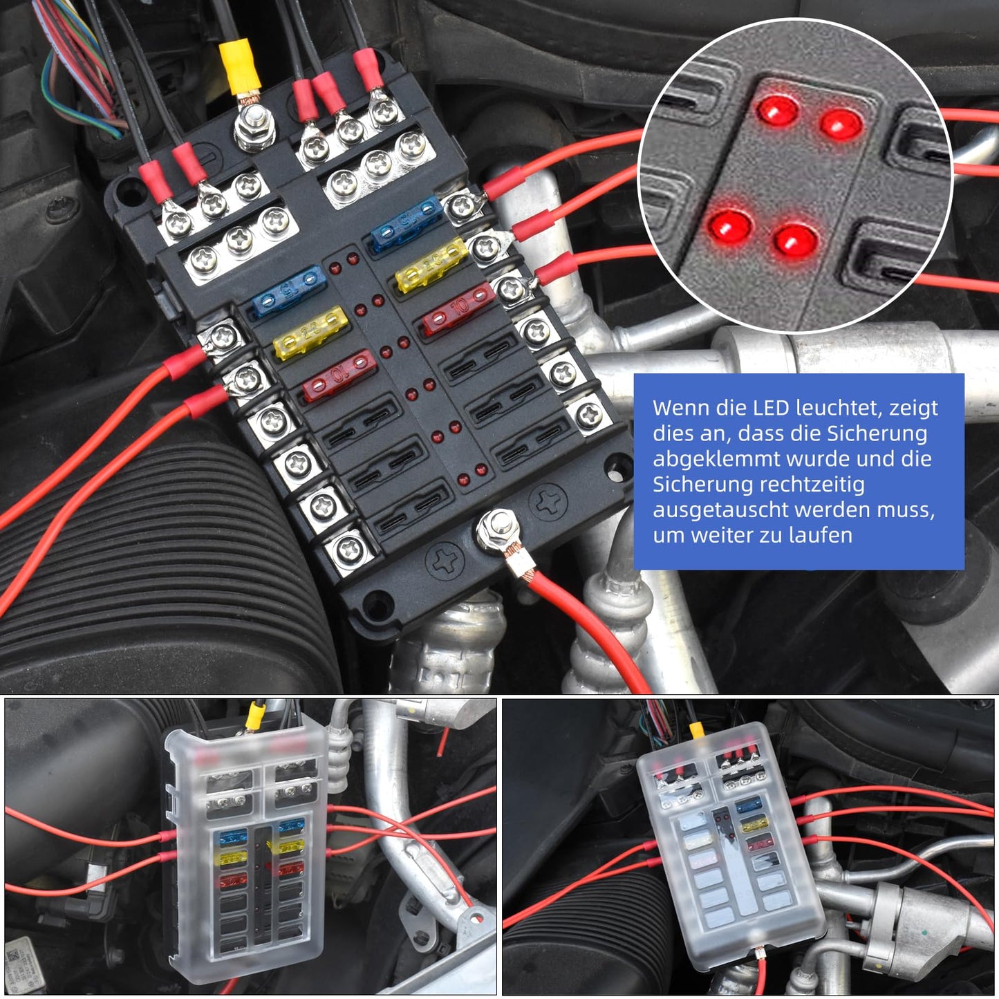 12-way blade fuse, 12V fuse holder car fuse box 24 fuses waterproof fuse block with LED indicator Positive Negative for DC 12V/24V auto truck boat VAN SUV marine vehicle