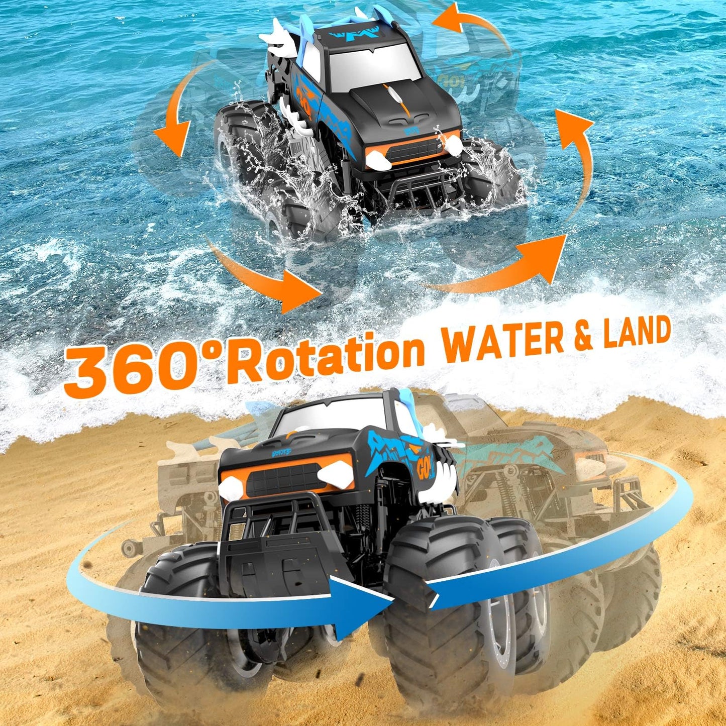 Gindoly Remote Control Car, 2.4 GHz Remote Control Monster Truck, 4WD 15+ km/h Hobby Offroad RC Car, Waterproof Terrain Vehicle with 2 Batteries, Toy for Kids aged 6-12 years.