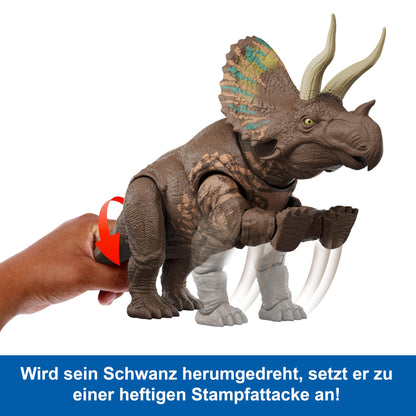 Mattel Jurassic World: The Rebirth Gigantic Thrashers Eotriceratops dinosaur toy figure, large dinosaur species, with two activatable rage attacks, digital game, JGB93.
