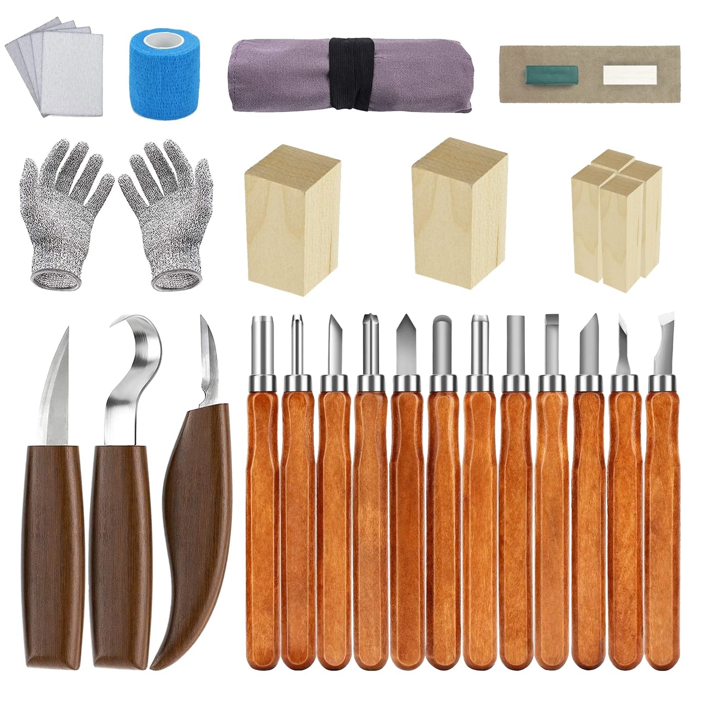 Wood Carving Tool Set, KAQ 32 in 1 Carving Kit with 15 Carving Knives, 6 Pieces of Lime Wood for Carving, Sharpening Stone, and cut-resistant gloves. Carving tool set for beginners and kids.