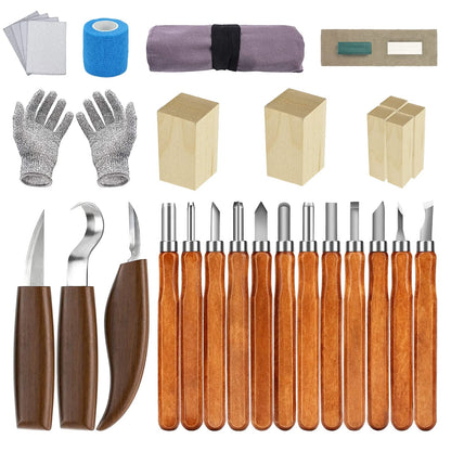Wood Carving Tool Set, KAQ 32 in 1 Carving Kit with 15 Carving Knives, 6 Pieces of Lime Wood for Carving, Sharpening Stone, and cut-resistant gloves. Carving tool set for beginners and kids.